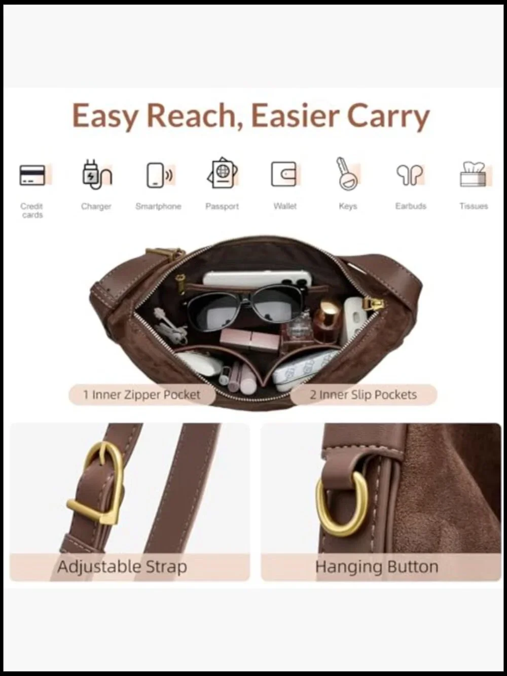 Slouchy Hobo Shoulder Bag Crossbody Purse Soft Suede Tote Casual Chic
